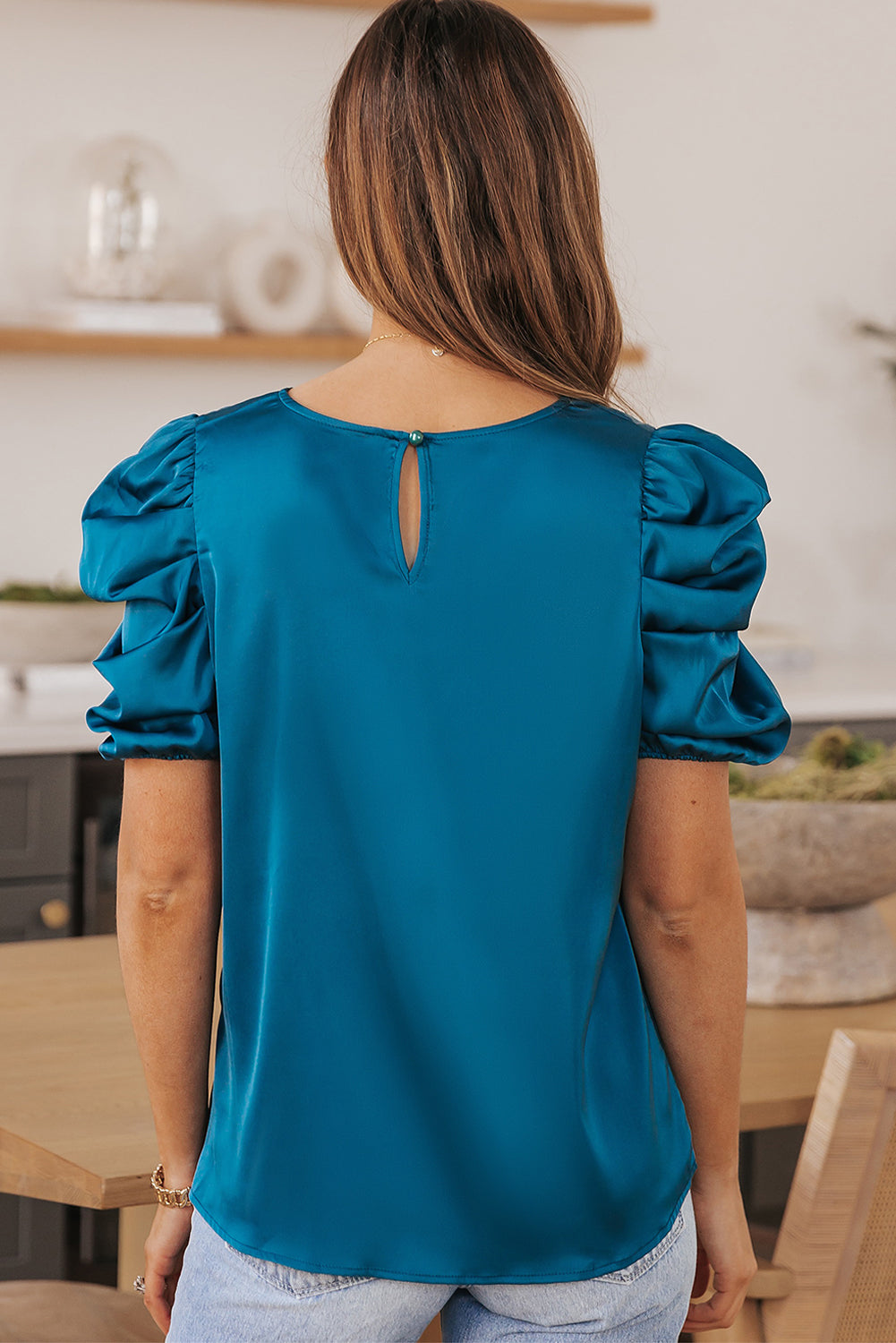 Dark Blue Ruched Puff Short Sleeve Satin Blouse - LA Grand