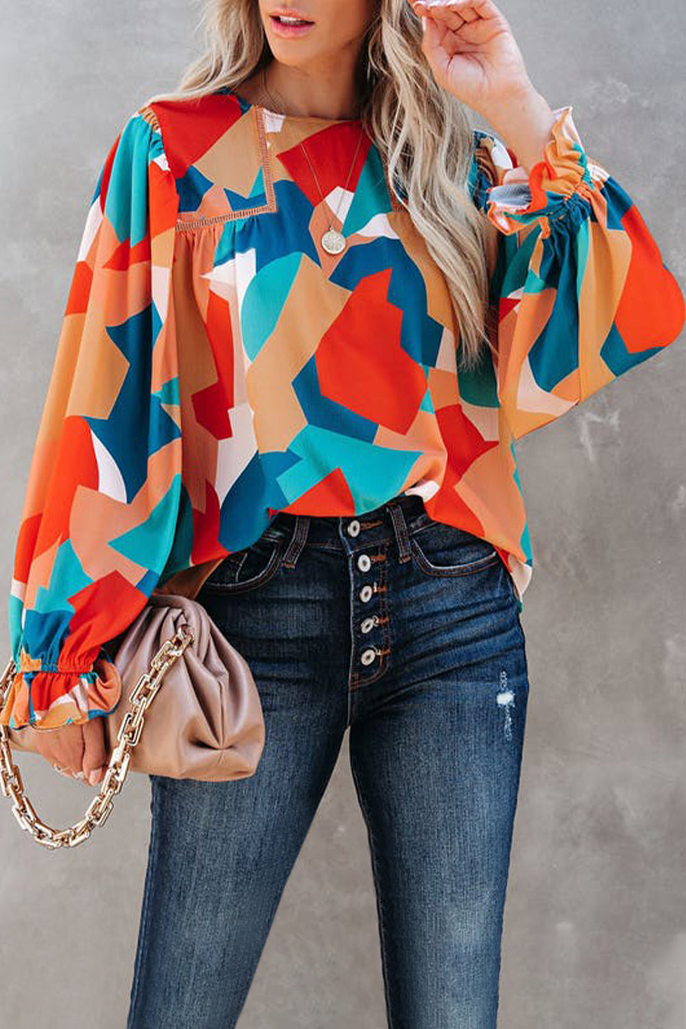 Abstract Pattern Crewneck Ruffled Puff Sleeve Blouse - LA Grand