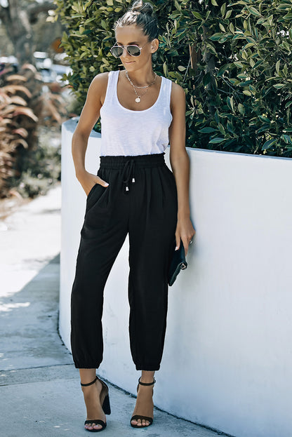 Black Solid Color Drawstring Smocked Waist Joggers - LA Grand