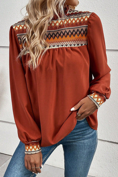 Red Clay Western Geometric Print Bubble Sleeve Frilled Neck Blouse - LA Grand