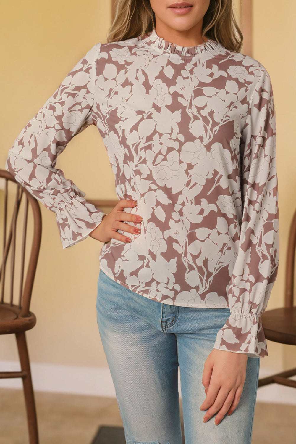 White Floral Print Frilled Neckline Flounce Sleeve Blouse - LA Grand