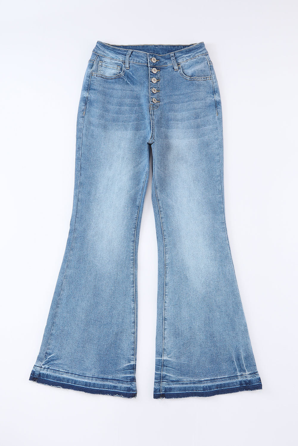 Sky Blue High Waist Buttoned Distressed Flared Jeans - LA Grand