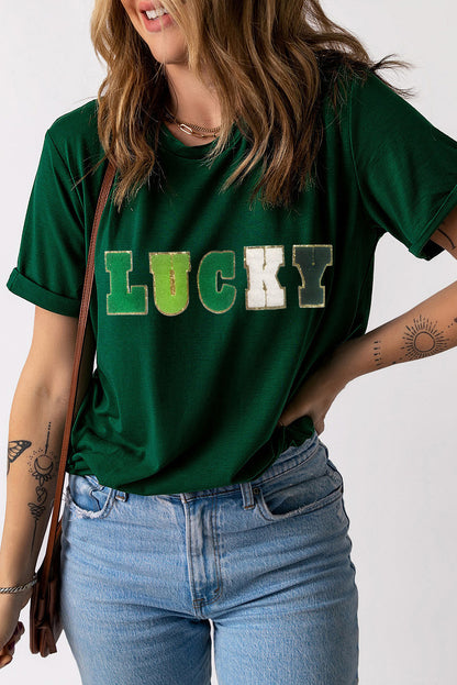 Green LUCKY Glitter Chenille Patched Crew Neck T Shirt - LA Grand