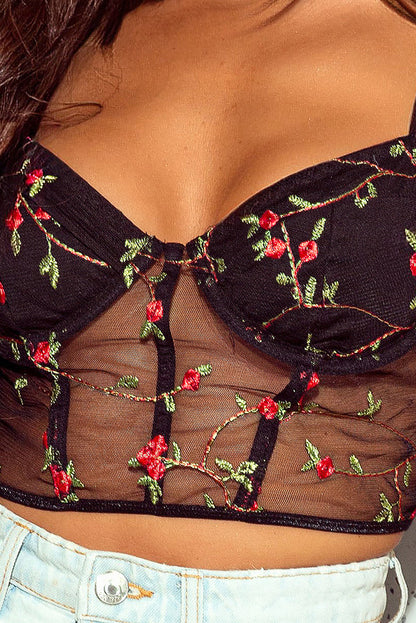 Black Floral Embroidery Mesh Bustier Bralette - LA Grand