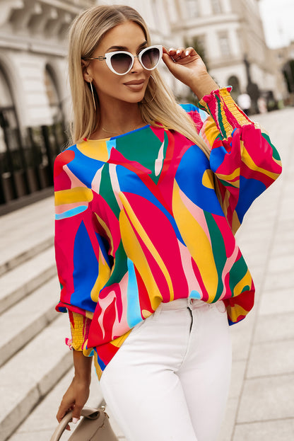 Multicolor Abstract Print Smocked Puff Sleeve Blouse - LA Grand