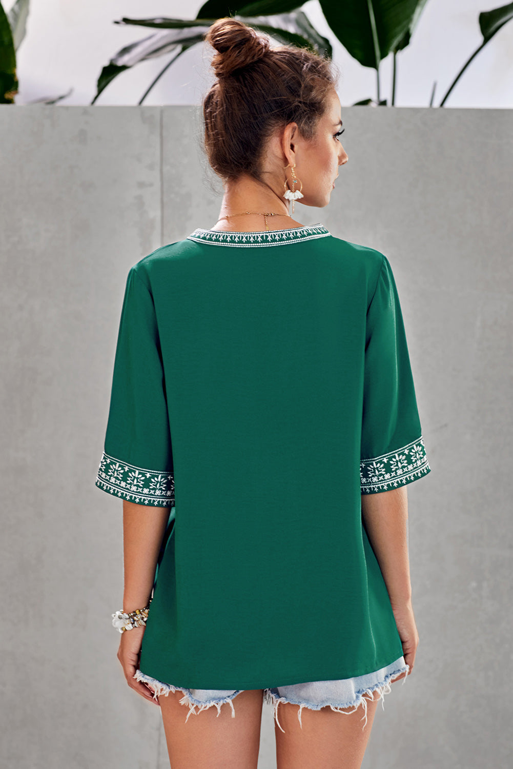 Green Chic Boho V Neckline Half Sleeve Blouse - LA Grand