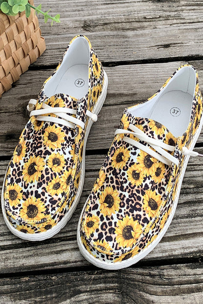 Yellow Sunflower Leopard Print Lace-up Decor Canvas Shoes - LA Grand