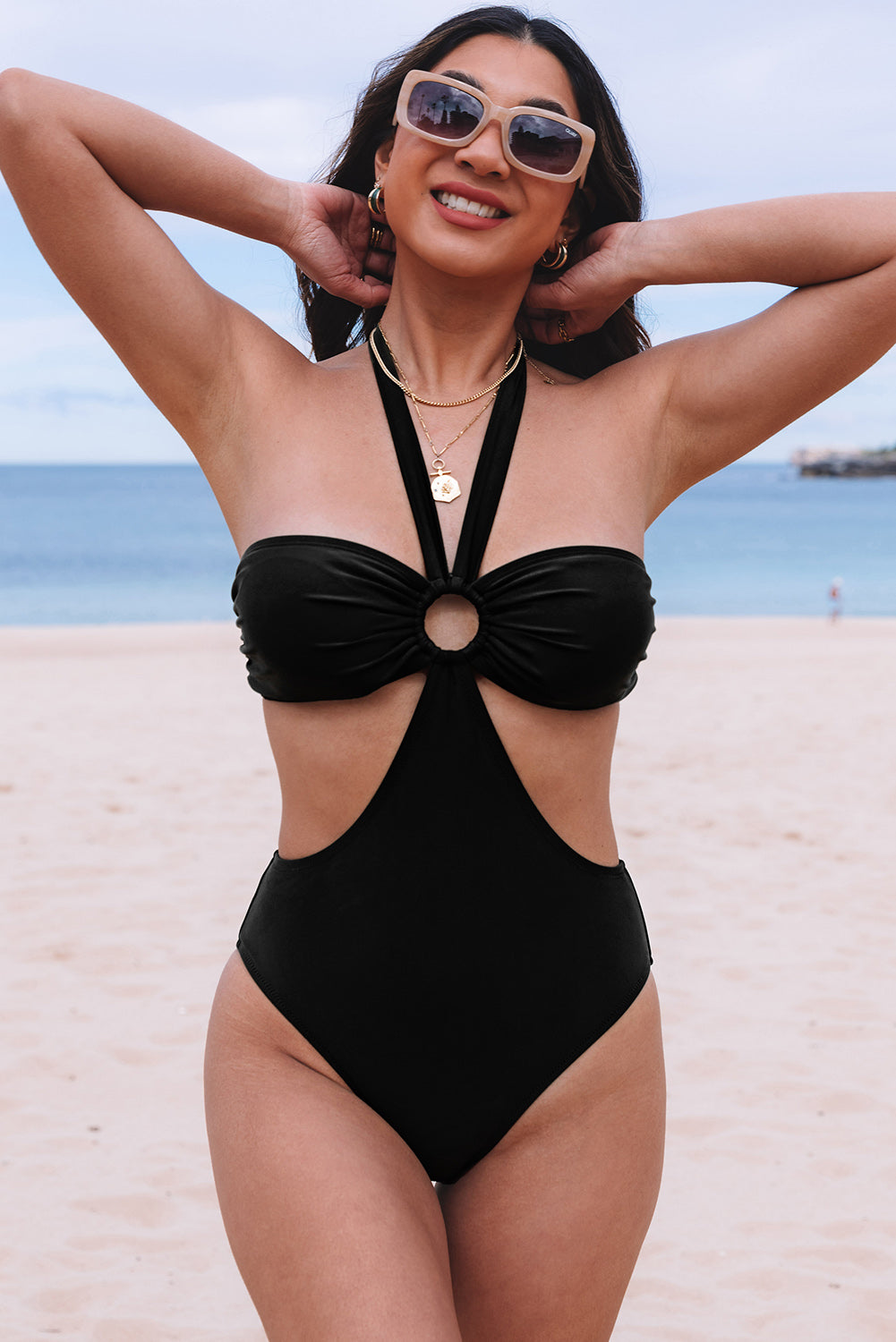 Black Halter O-ring Ruched Bust One Piece Swimsuit - LA Grand