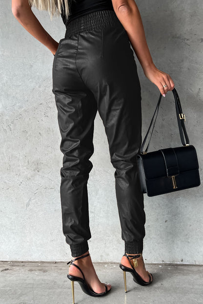 Brown Smocked High-Waist Leather Skinny Pants - LA Grand