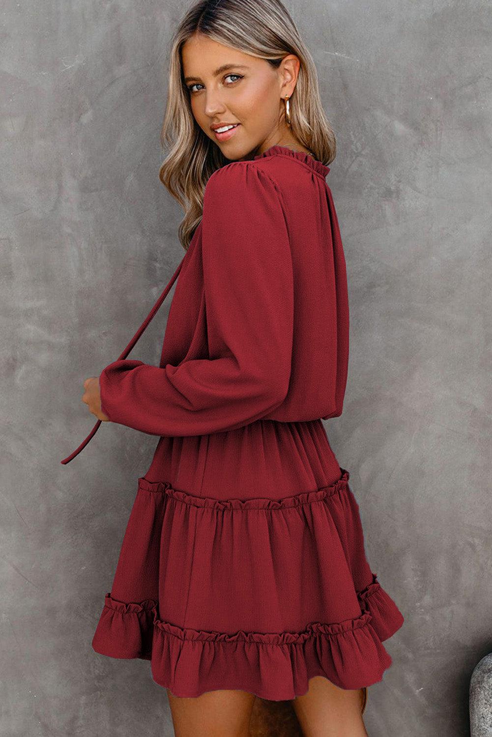 V Neck Long Sleeve Ruffle Tiered Mini Dress - LA Grand