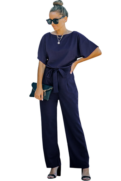 Indigo Glamour: Belted Wide Leg Jumpsuit - LA Grand