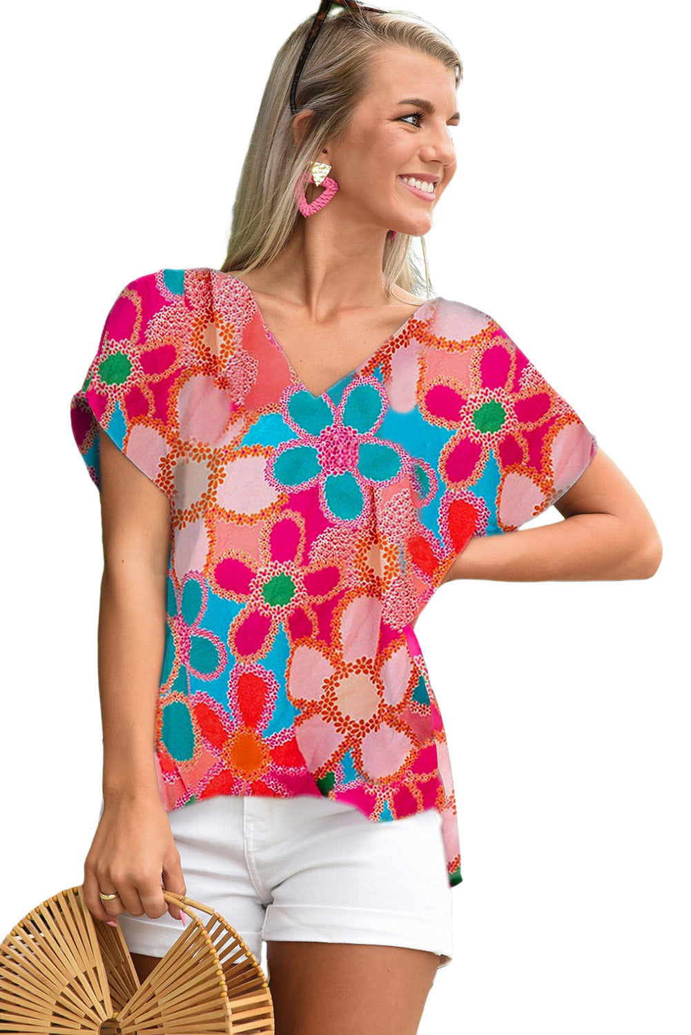 Pink Abstract Print V Neck Dolman Blouse - LA Grand