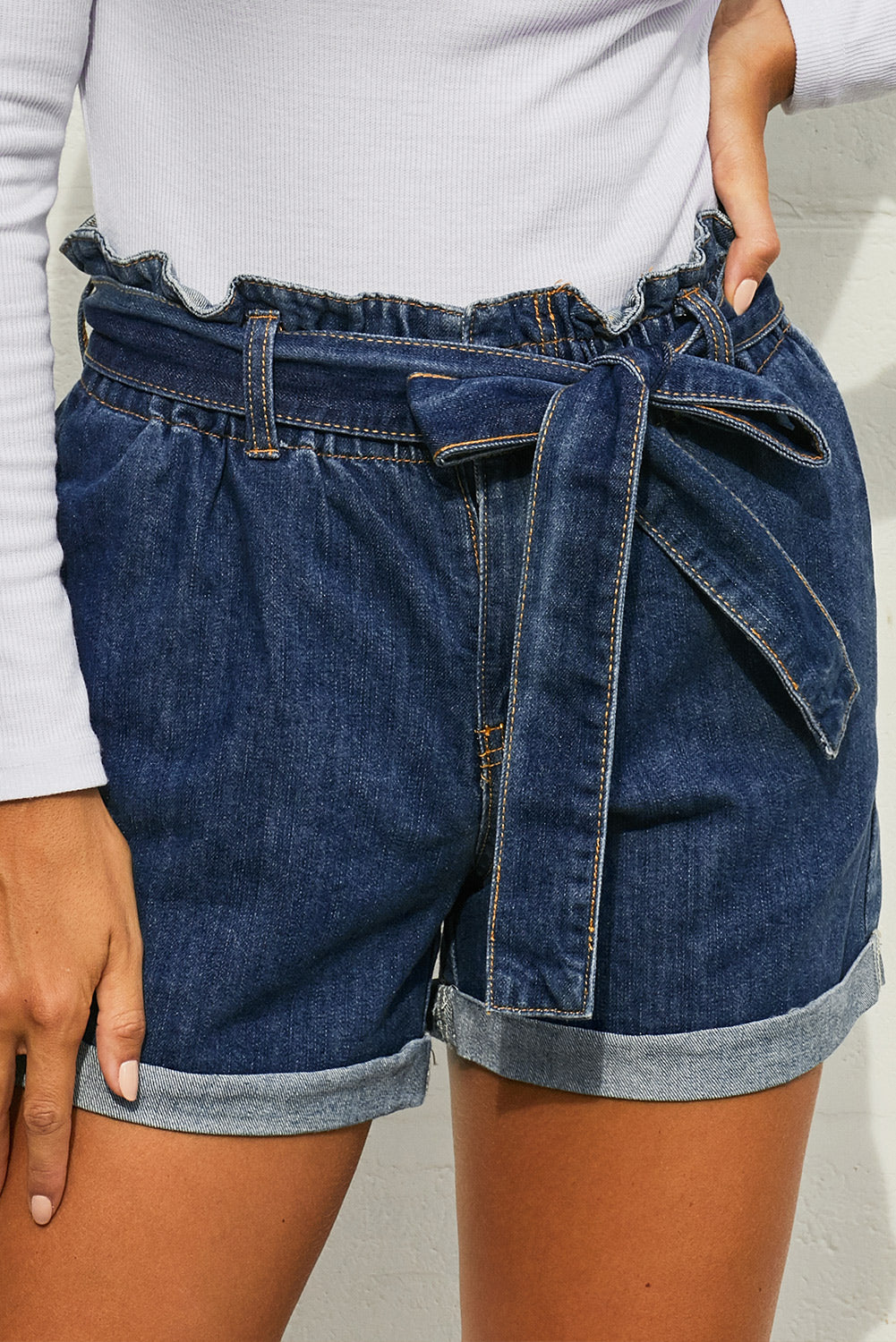 Light Blue Paper Bag Waist Denim Shorts - LA Grand