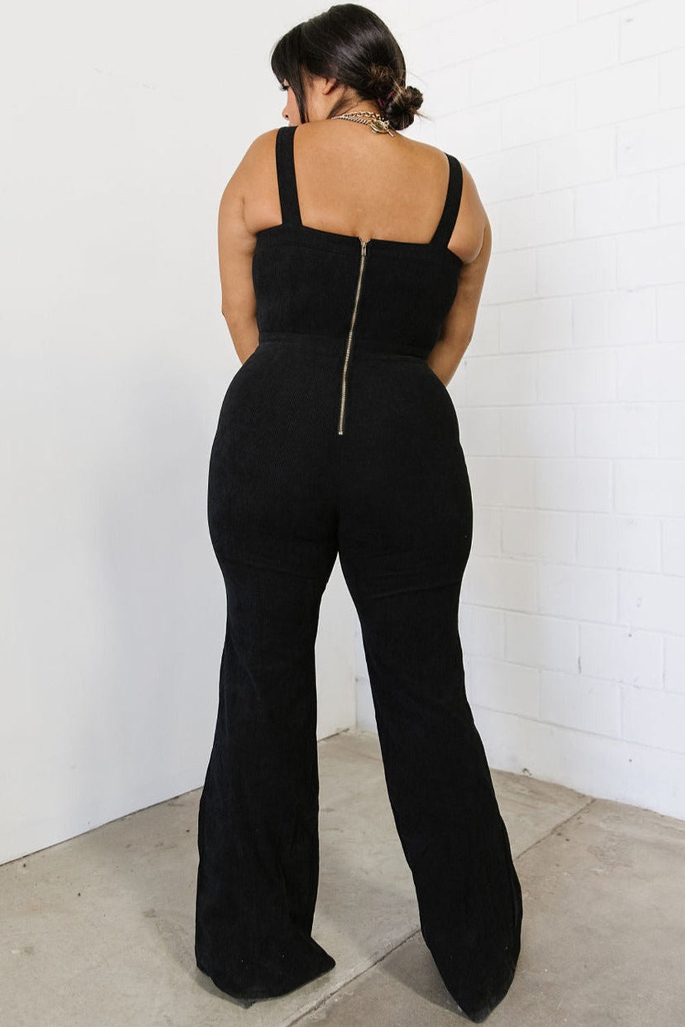 Black Sleeveless Buttoned Bodice Wide Leg Corduroy Jumpsuit - LA Grand