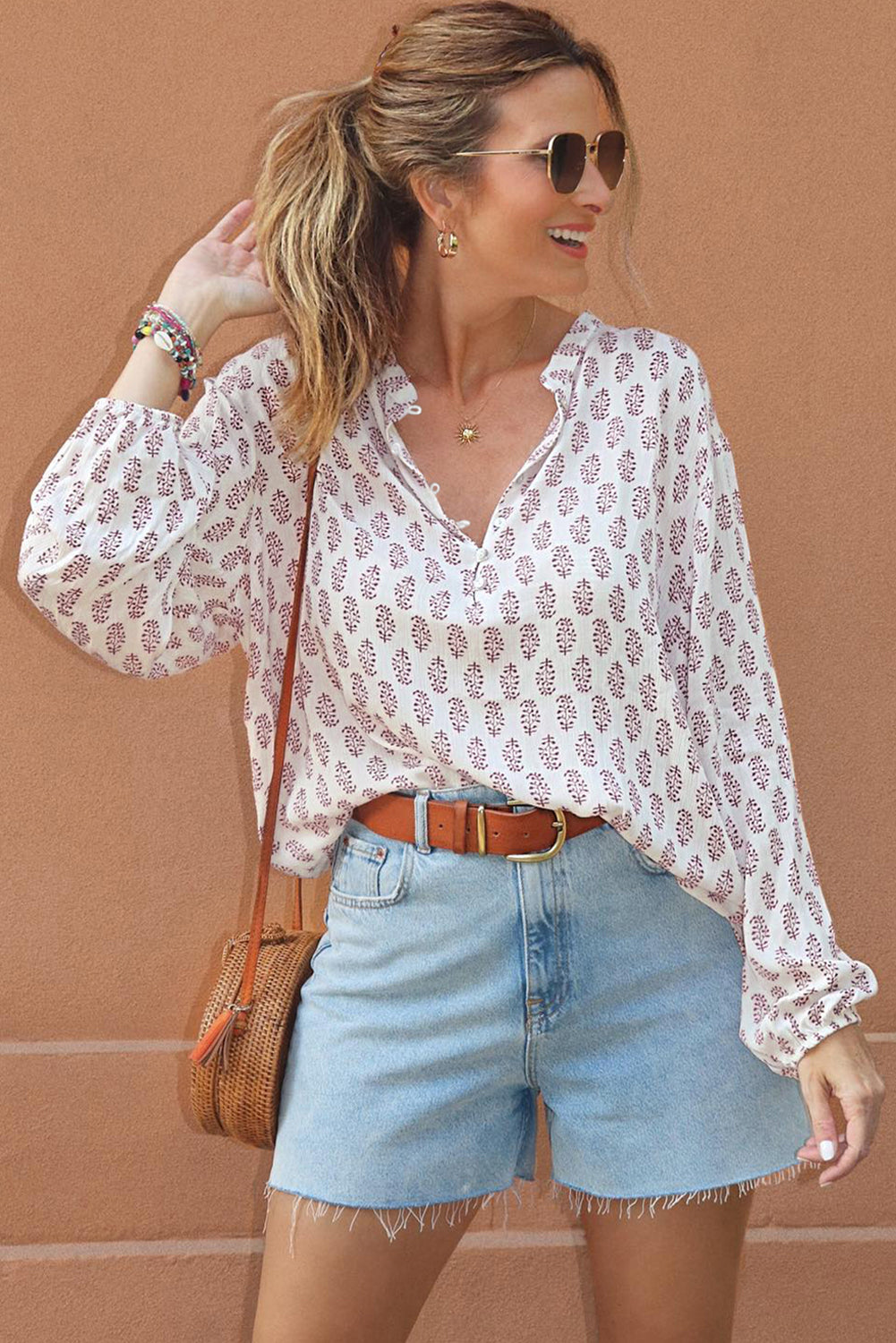 White Boho Print Long Sleeve Buttoned Blouse - LA Grand