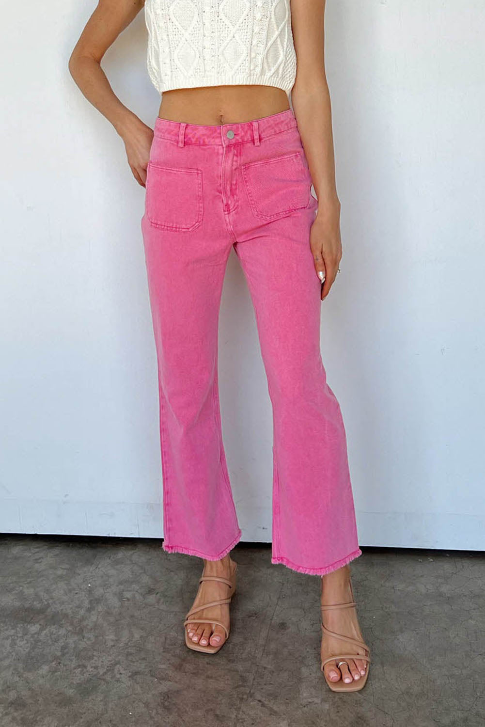 Pink Ankle-length Flare Leg Raw Hem Jeans - LA Grand