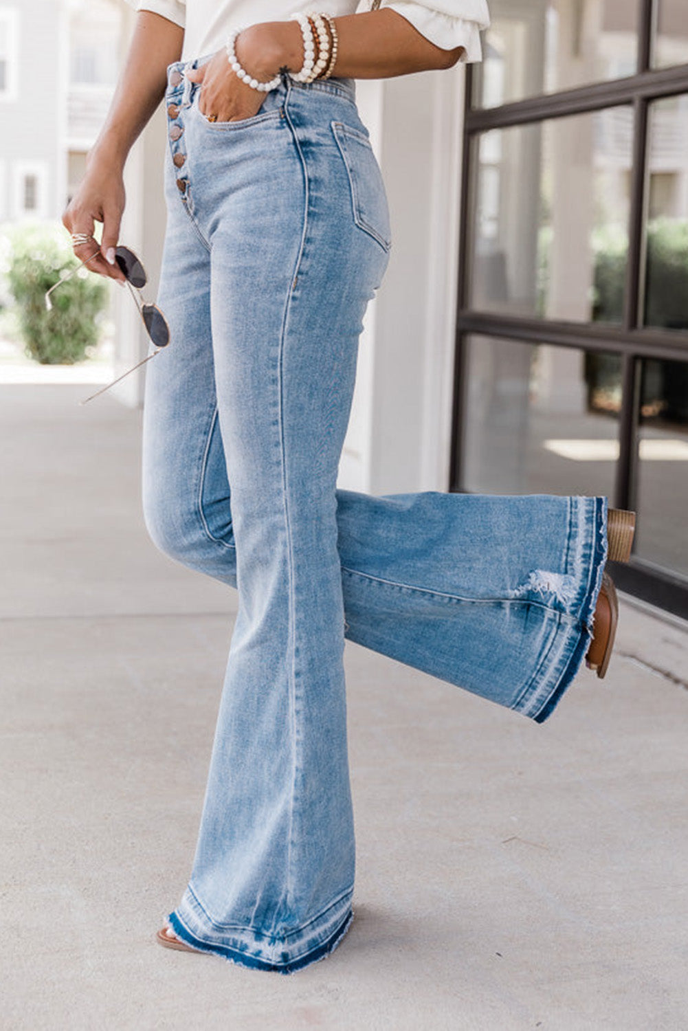 Sky Blue High Waist Buttoned Distressed Flared Jeans - LA Grand