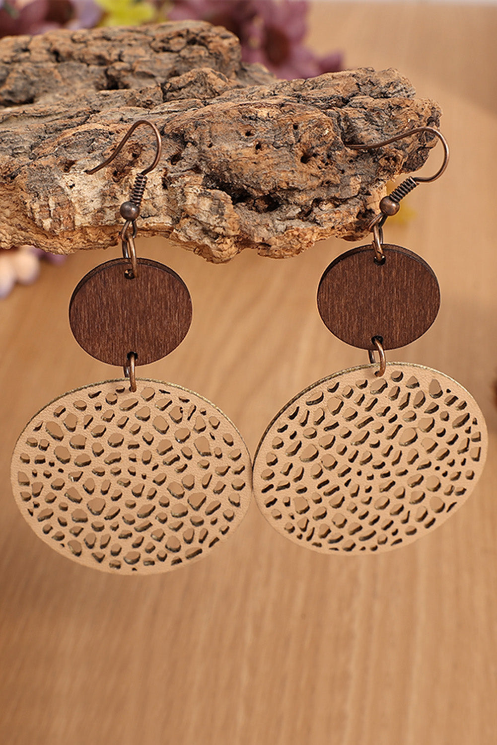 Beige Hollow Out Wooden Round Drop Earrings - LA Grand