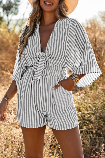 Gray 3/4 Wide Kimono Sleeves Tie Front Striped Romper with Pockets - LA Grand