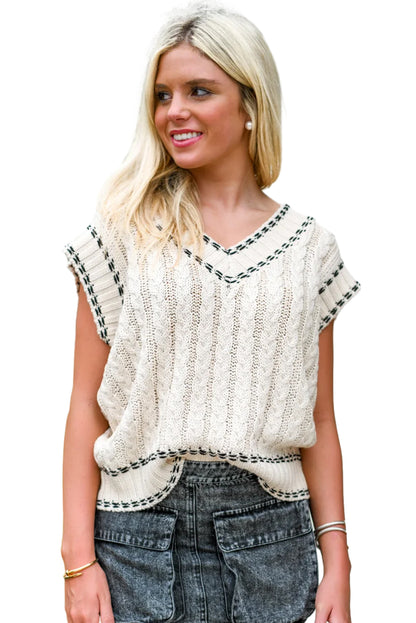 White Contrast Trim V Neck Cable Knit Sweater Vest - LA Grand