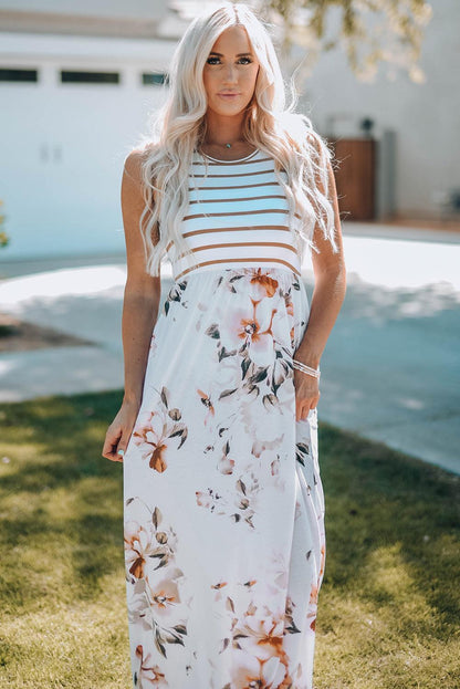 White Striped Floral Print Sleeveless Maxi Dress with Pocket - LA Grand