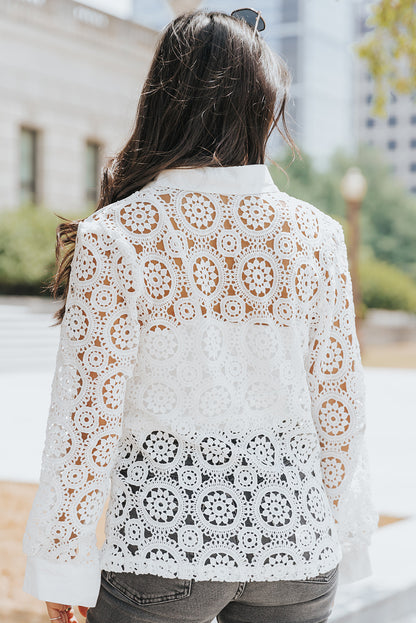 White Crochet Lace Hollow-out Turn-down Collar Shirt - LA Grand