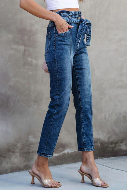 Blue Seamed Stitching High Waist Knot Skinny Jeans - LA Grand