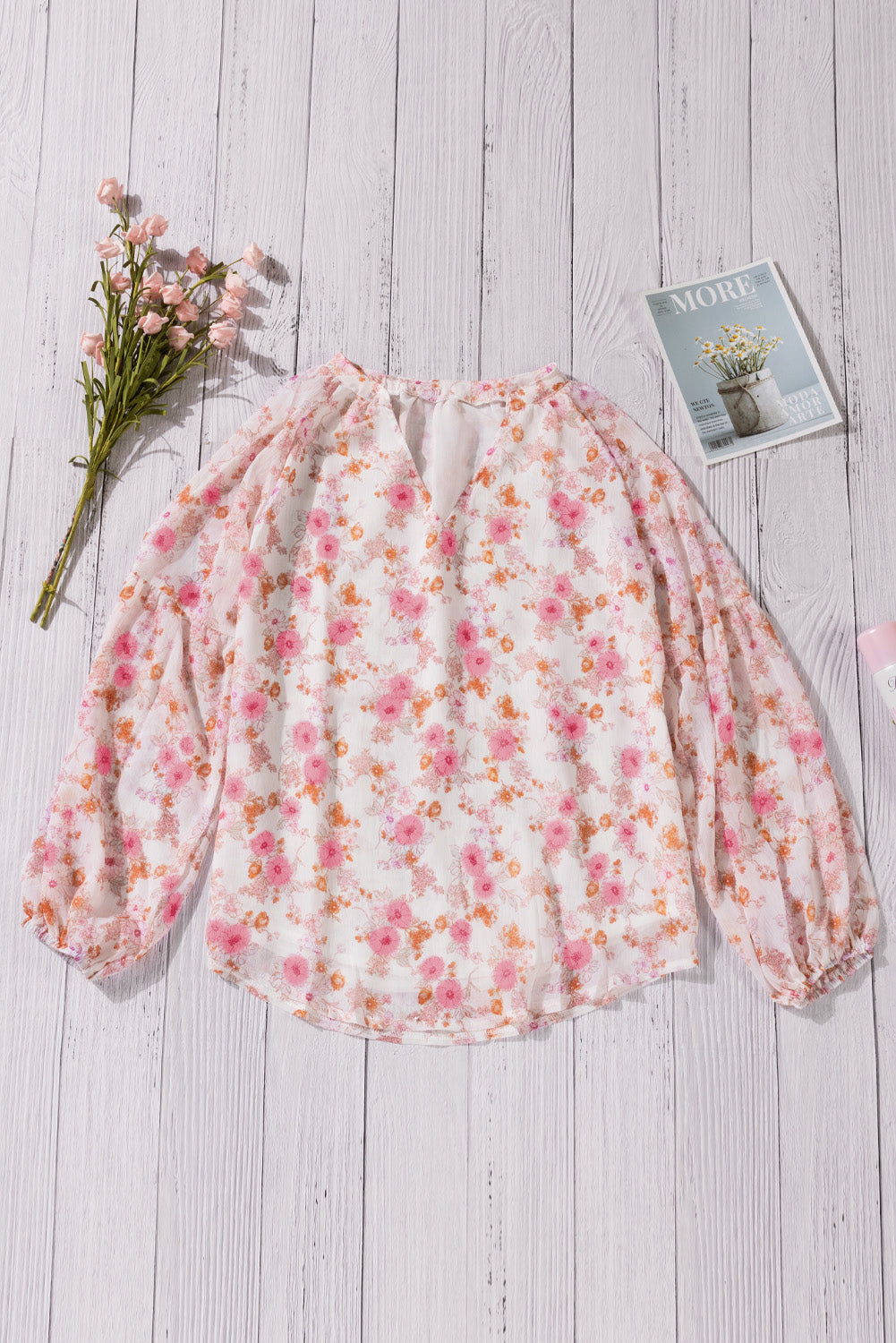 White Floral Print V Neck Long Puff Sleeve Top - LA Grand