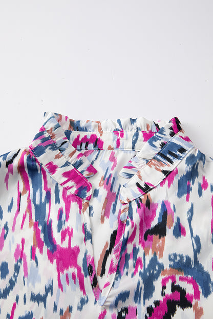 Multicolour Abstract Print 3/4 Puff Sleeve Ruffle Blouse - LA Grand