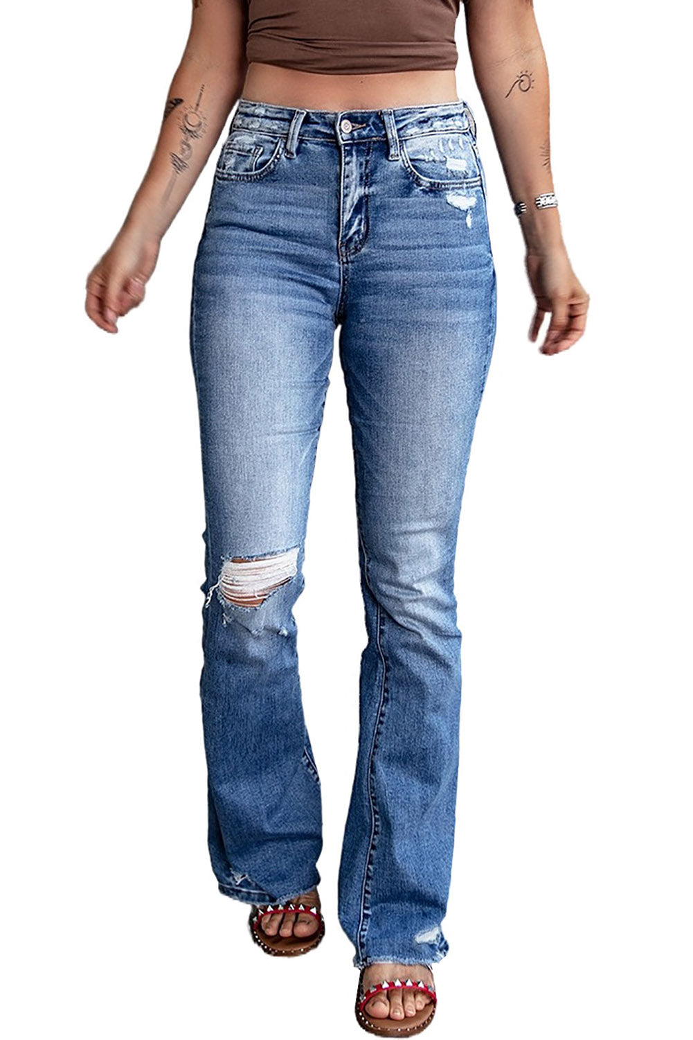 Blue Distressed Flare Jeans - LA Grand