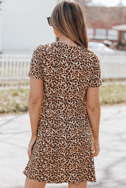 Leopard Print Short Sleeve A-line Mini Dress - LA Grand