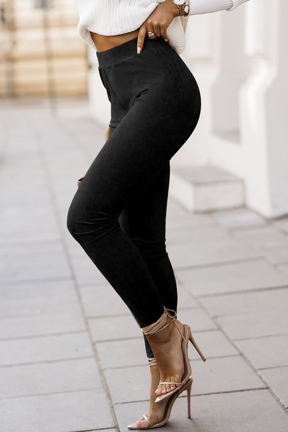 Black High Waist Faux Suede Skinny Leggings - LA Grand