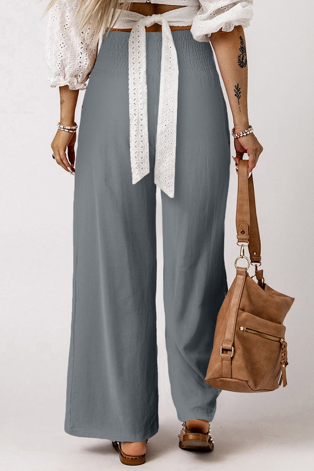 Sky Blue Smocked Wide Waistband High Waist Wide Leg Pants - LA Grand