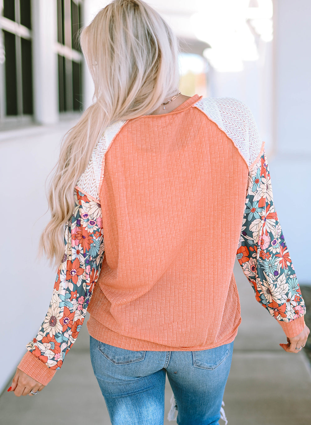 Rose Pink Floral Patchwork Puff Sleeve Textured Blouse - LA Grand