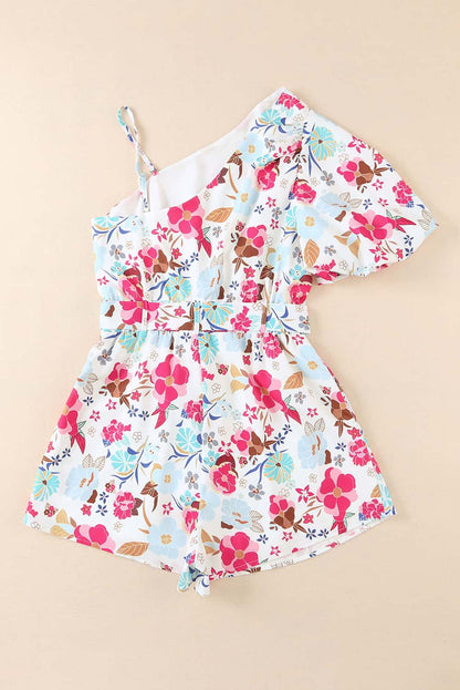 White Floral Single Bubble Sleeve Slant Shoulder Romper - LA Grand