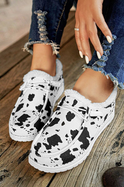 Bright White Cow Pattern Lace-up Decor Front Slip-on Flats - LA Grand