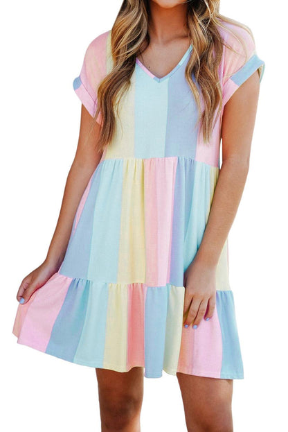 Multicolor Striped Color Block Tiered Mini Dress - LA Grand