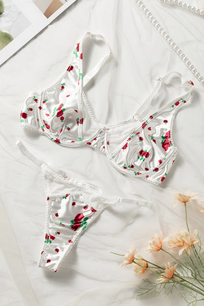 White Romantic Rose Print Mesh Cutout Satin Lingerie Set - LA Grand