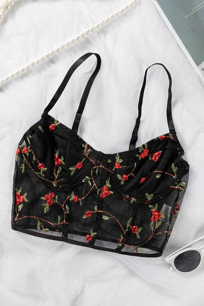 Black Floral Embroidery Mesh Bustier Bralette - LA Grand