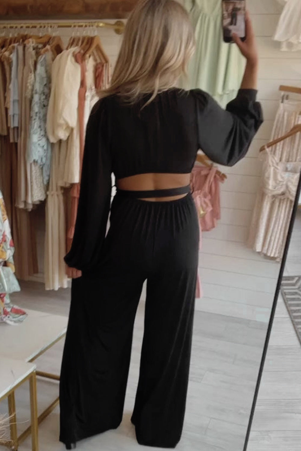 Black Cutout Back Belted V Neck Wide Leg Jumpsuit - LA Grand