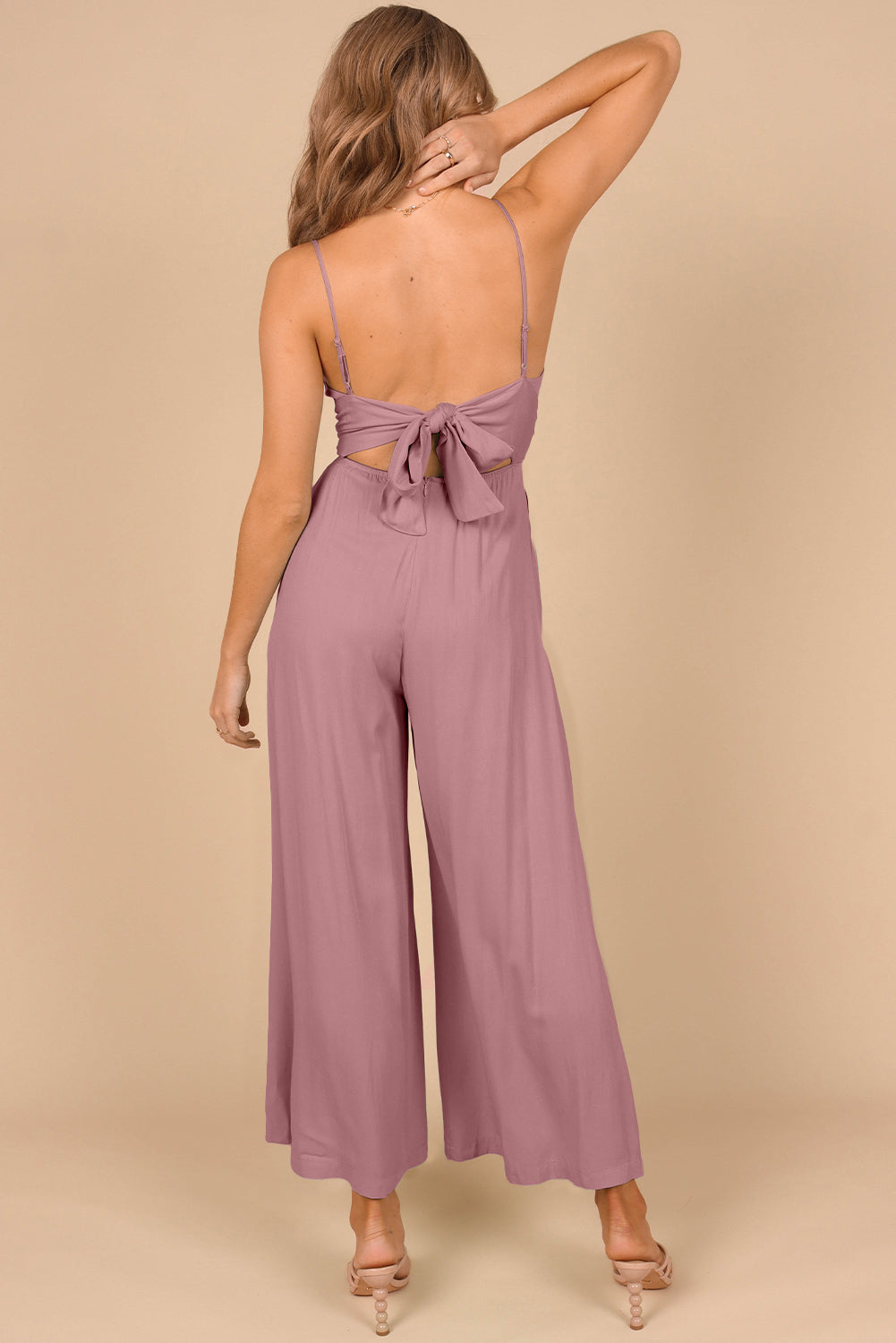 Green Spaghetti Straps Backless Knot Wide-Leg Jumpsuit - LA Grand