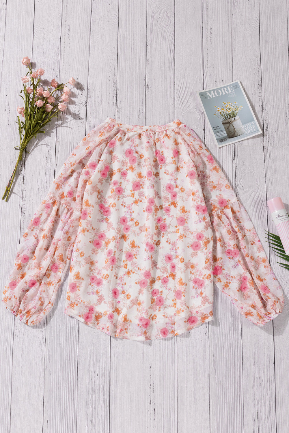 White Floral Print V Neck Long Puff Sleeve Top - LA Grand