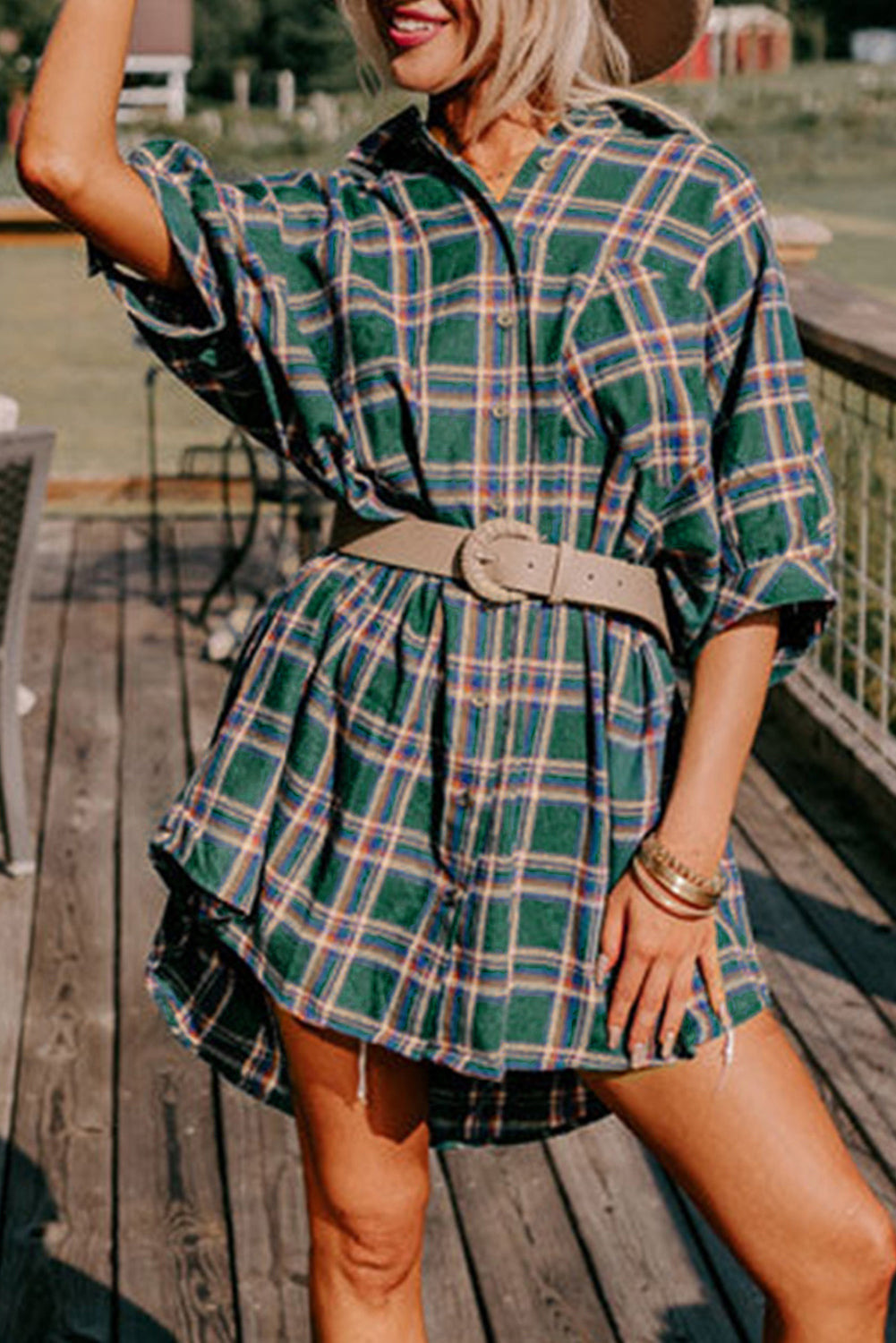 Green Oversized Plaid Half Sleeve Tunic Shirt - LA Grand