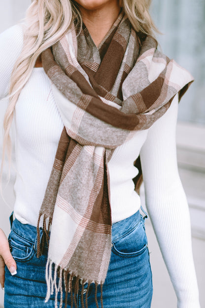 Brown Tasseled Hem Plaid Scarf - LA Grand