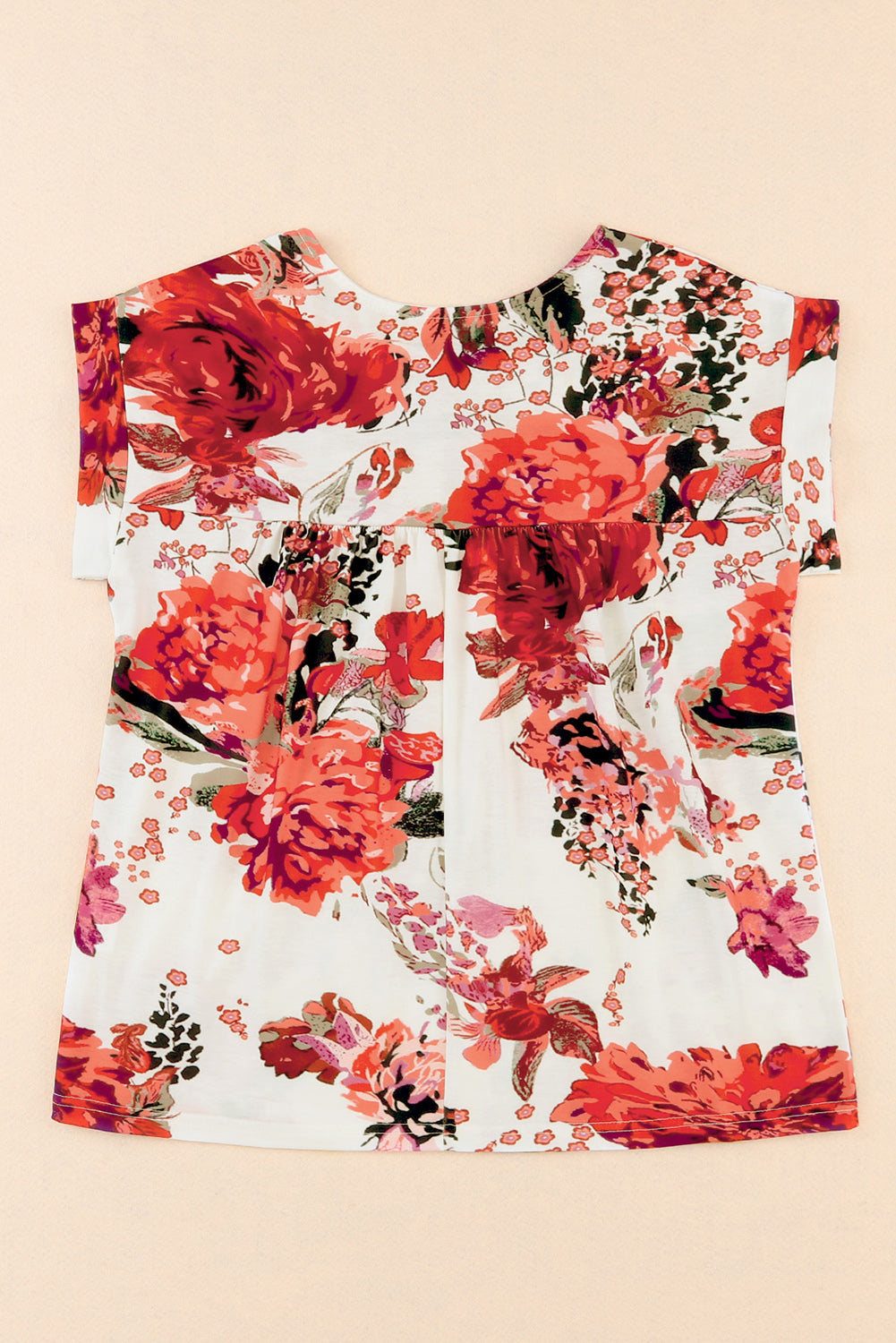 Fiery Red Floral Short Sleeve Round Neck Blouse - LA Grand