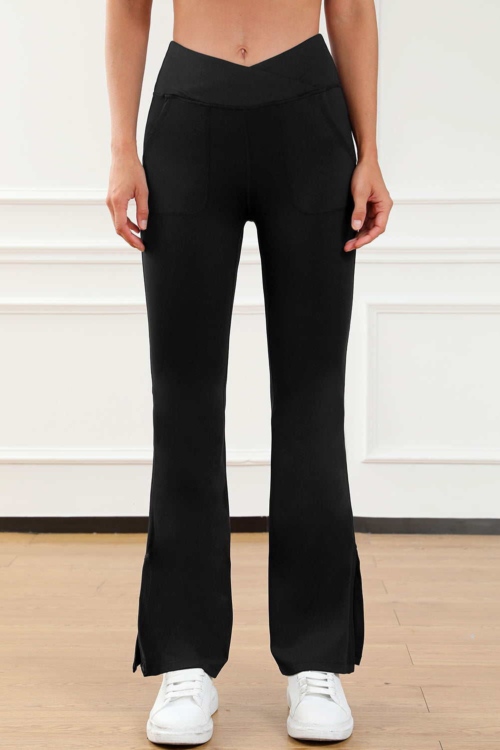 Black Cross Waist Pocketed Split Hem Flared Leggings - LA Grand