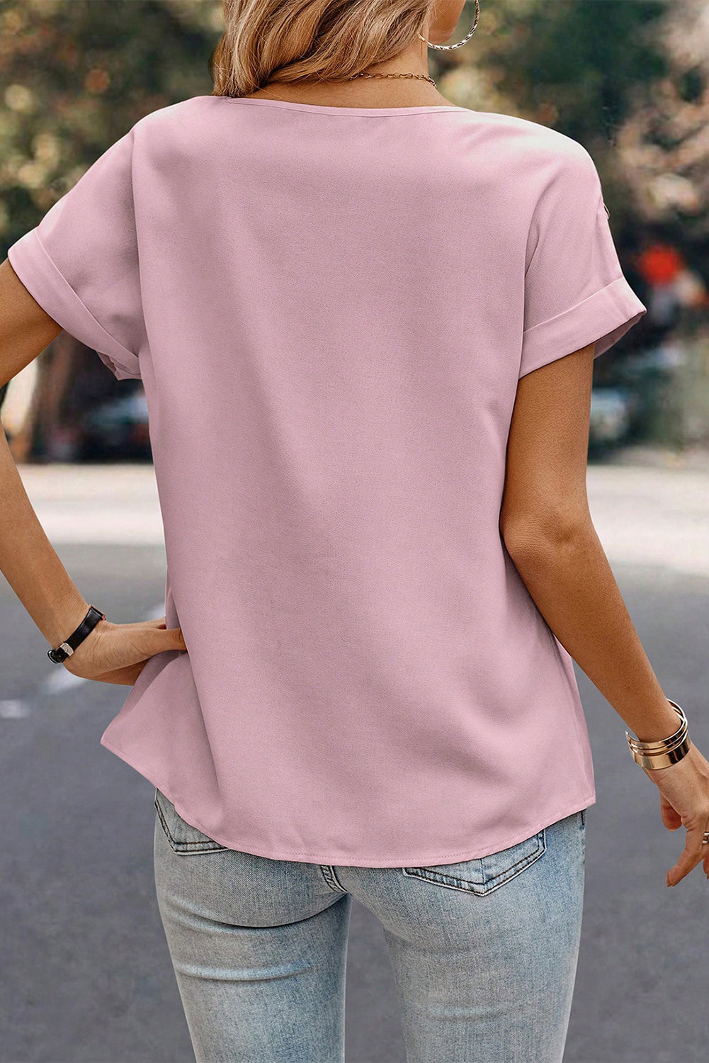 Light Pink Solid Pleated Patched Crew Neck T Shirt - LA Grand