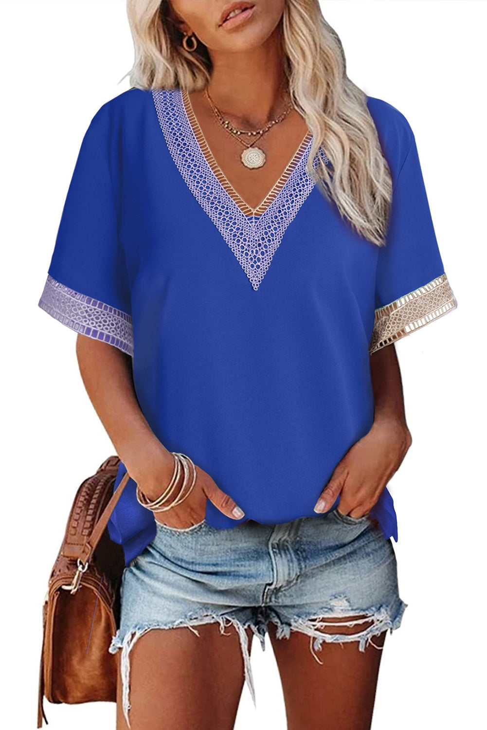 Blue Lace Trim V Neck Short Sleeve Blouse - LA Grand