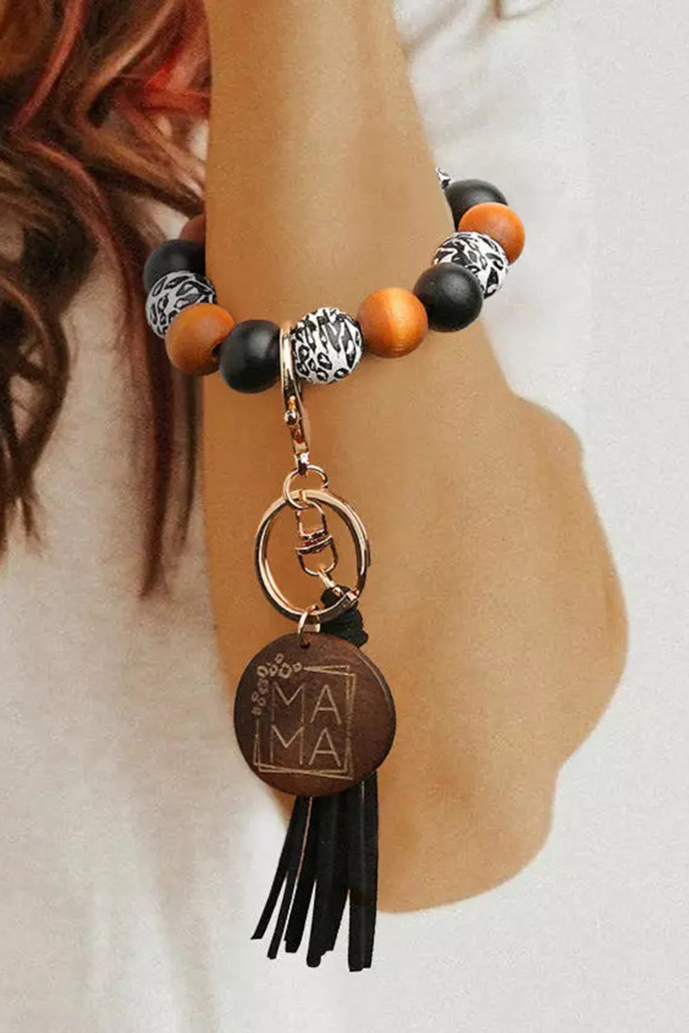 Black Leopard Wood Bead Bracelet Tassel Keychain - LA Grand