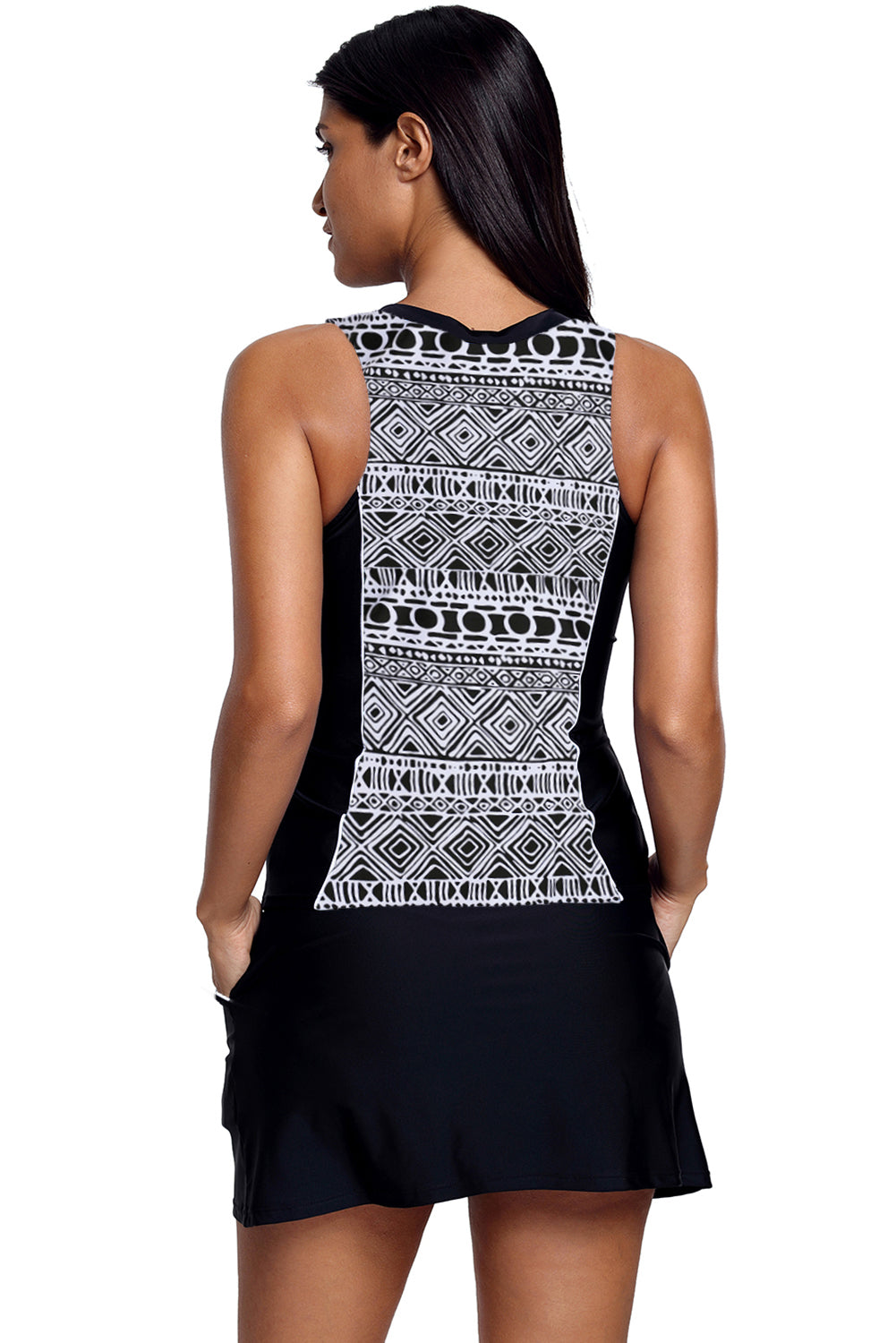 Black Geometric Print Sleeveless Zipper Racer Back Pocket Tankini Set - LA Grand